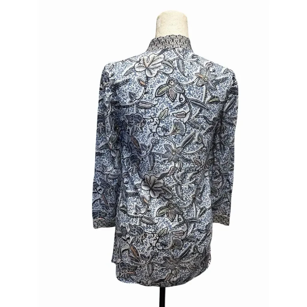 Tory Burch Lightweight Cotton Tunic Top Resort Wear Blue White Floral Size 2